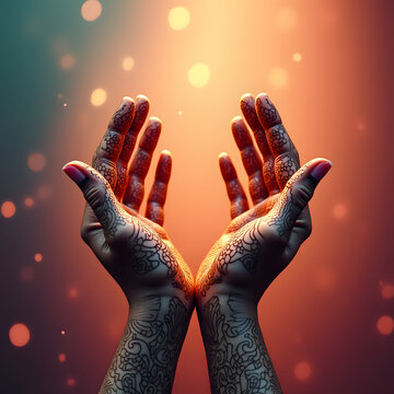 Image depicts hands with intricate tattoo designs, against a vibrant bokeh background.