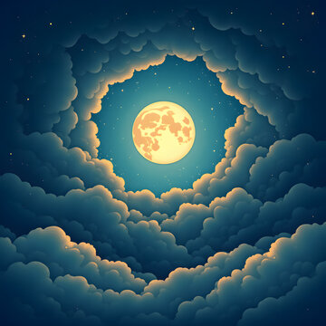 A dreamy, ethereal night sky with a giant, glowing moon amidst fluffy clouds.