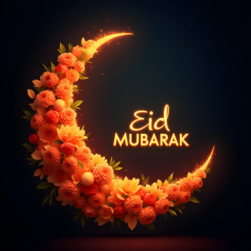 Crescent moon with flowers, festive design, festive background.