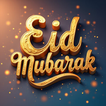 Eid Mubarak text on a golden background with sparkles.