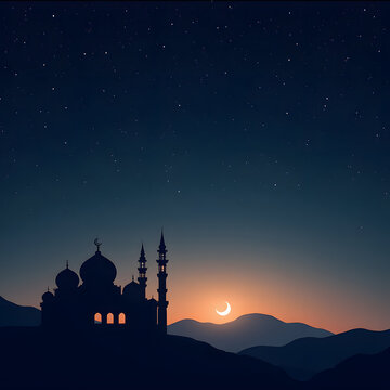 Silhouette of a mosque against a starry night sky, mountains in the background.