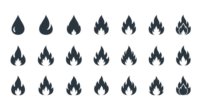 Collection of dark flame and drop vector icons illustrating fire intensity stages and liquid elements