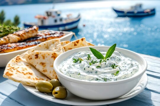 Greek tzatziki dip with pita bread and olives by the sea