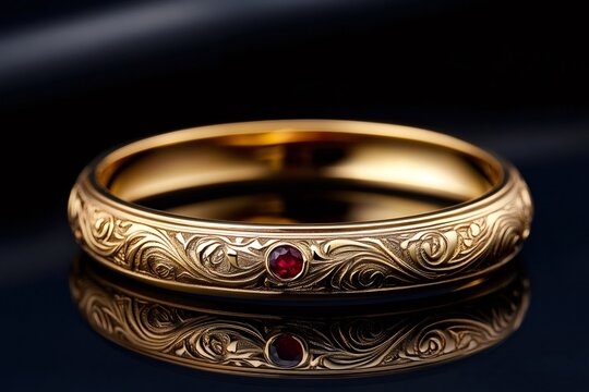 Gold ring reflecting, featuring ornate engraving and ruby