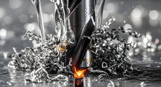 Close-up of Metal Machining Process with Sparks and Swarf.