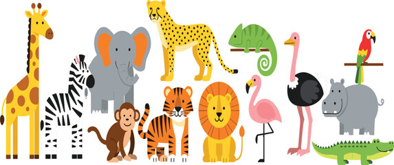 Wild safari animals vector set with giraffe, zebra, elephant, tiger, lion, monkey, flamingo, and crocodile © MST HASMOTARA