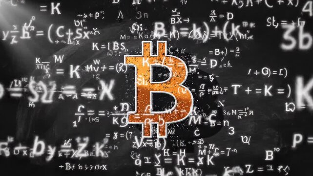 Cryptocurrency symbol with mathematical formulas on a chalkboard background, illustrating digital finance and complex algorithms.