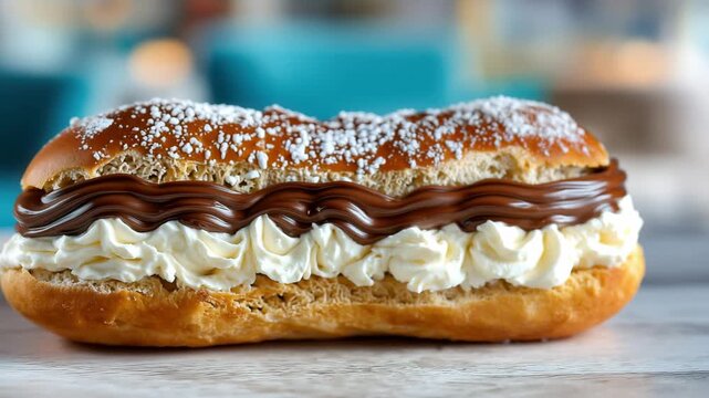 Indulge in a beautifully crafted eclair featuring smooth chocolate and fluffy whipped cream, presented in a cozy, inviting cafe during daytime.