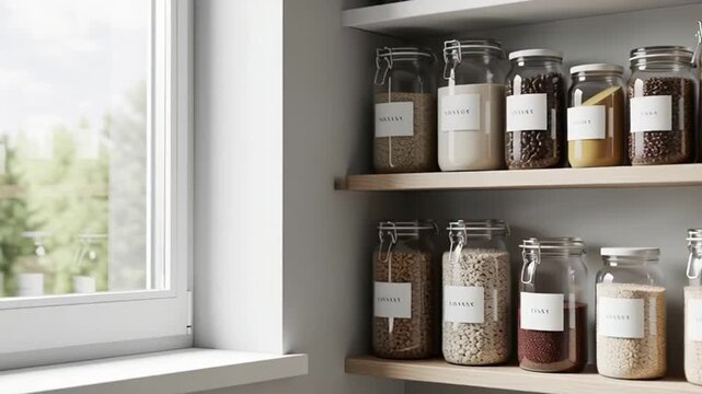 Spices and herbs on wooden shelves.