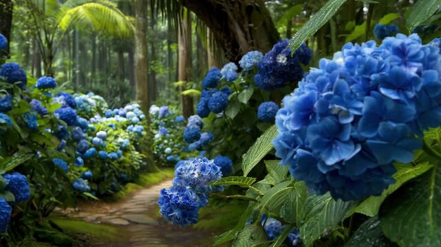 This vibrant display features clusters of blue hydrangeas surrounded by lush green foliage in a serene tropical garden setting. Water droplets glisten, enhancing the natural beauty.