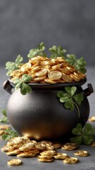 Black iron pot filled with gold coins and shamrocks on dark background with empty space above for text or graphics