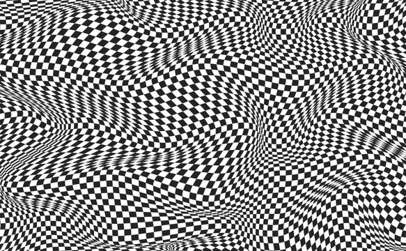 Black and white pattern surface chessboard. Checkered distortion abstract banner. Checkered background with distortion effect. Vector illustration.