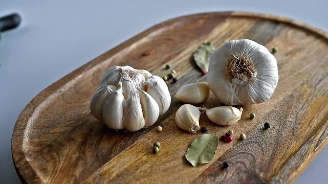 Fresh garlic bulbs placed on a rustic wooden board.