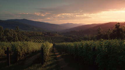 A warm agricultural landscape filled with elegance, order, and golden-hour glow.