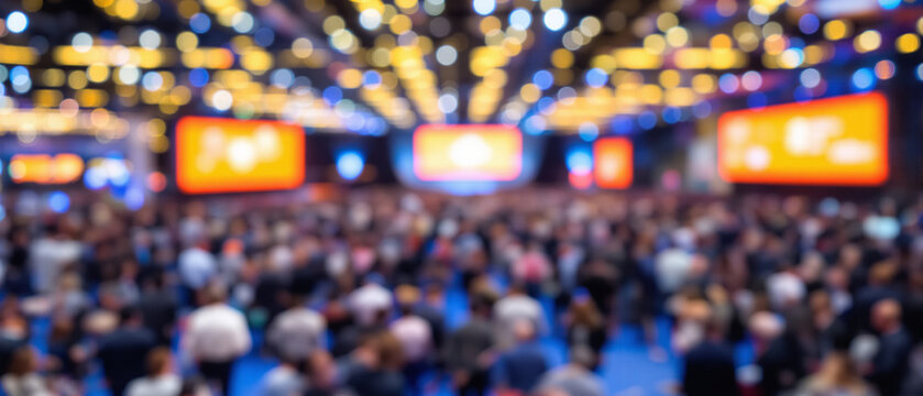 Abstract blurred crowd at betting arena, stock trading floor, esports tournament or tech conference. Background for crypto market, finance news, voting results, sports odds and business event.