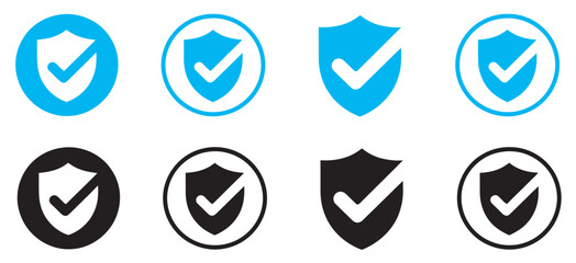 Security shield and check mark icon set, secure protection verification safety symbols bundle, system defense illustration collection © Jackie K. Penn