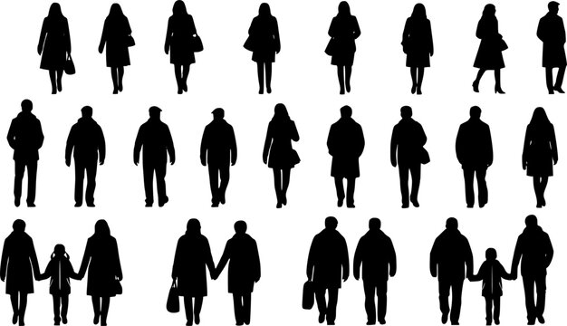 Vector silhouettes man and women, illustration. Silhouettes of people posing in warm winter clothes. Transparent EPS version.