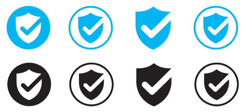 Security shield and check mark icon set, secure protection verification safety symbols bundle, system defense illustration collection