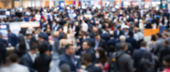 Obraz premium Trade show crowd at business conference hall is captured in a blurred panoramic photo featuring ambient indoor lighting for corporate networking and exhibition concepts
