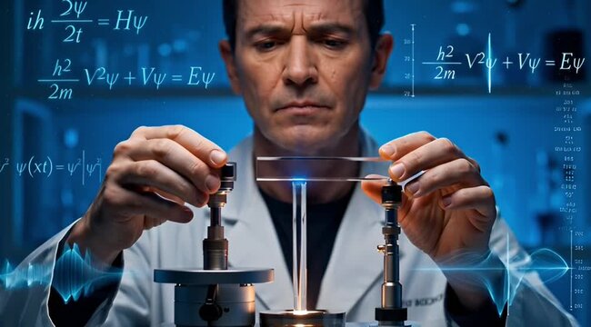 Focused scientist precisely conducts an intricate electrical experiment in a modern laboratory. Surrounded by glowing quantum formulas and digital data, he delves into advanced physics