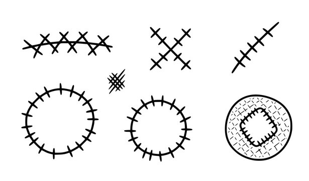 Cartoon scar and stitch marks doodle vector set