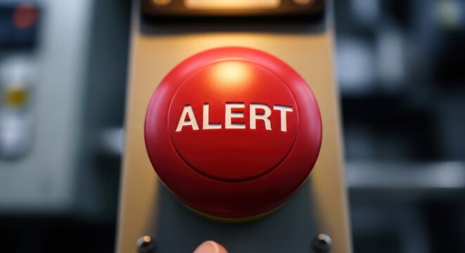 Close-up of a large, illuminated red button labeled "ALERT" on an industrial control panel