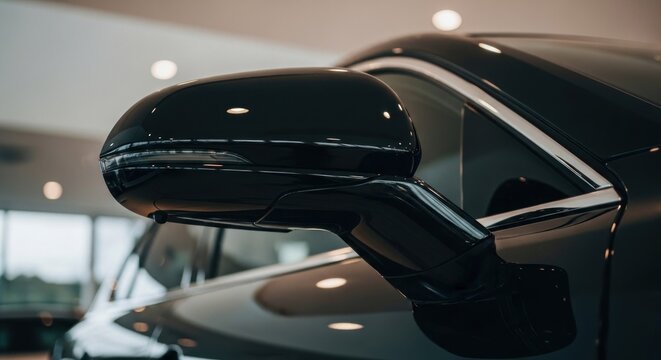 Close-up of a sleek black vehicle's side mirror, reflecting the showroom's lighting