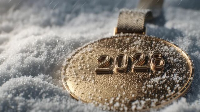 Gold medal with 2026 engraving resting on fresh snow in winter sunlight symbolizing victory achievement and sporting success