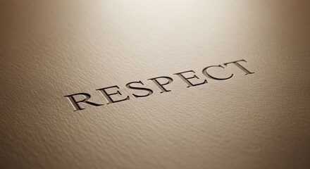 Close-up of "RESPECT" embossed on a textured surface, bathed in soft, warm lighting