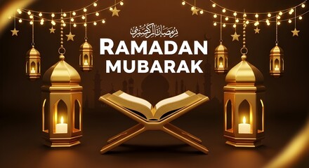 Ramadan mubarak greeting with lanterns and quran
