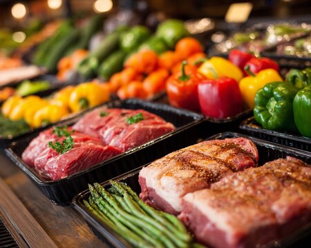 Fresh meat and vegetables displayed at a grocery store during the daytime