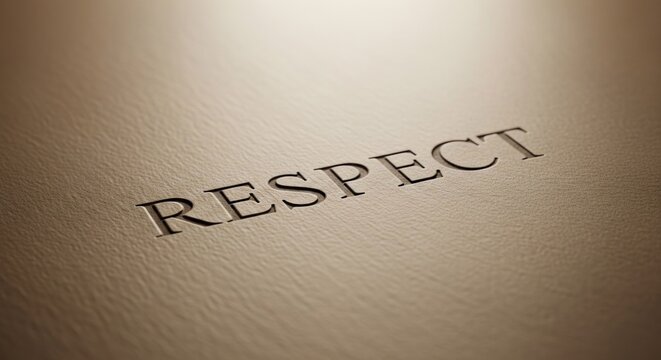 Close-up of "RESPECT" embossed on a textured surface, bathed in soft, warm lighting
