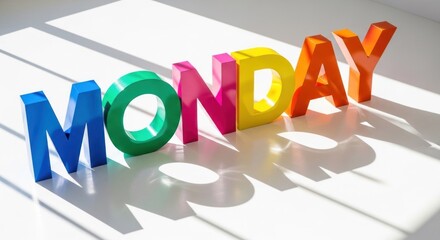 Colorful 3D "MONDAY" letters with long shadows cast on a white surface by sunlight