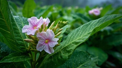 Flowers covered with water droplets grow among green leaves in a garden during early morning hours