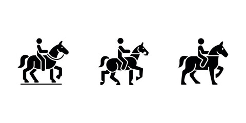 Obraz premium Horseback riding icon set. person on horse silhouette. equestrian sport pictogram collection. rider on stallion glyph style.
