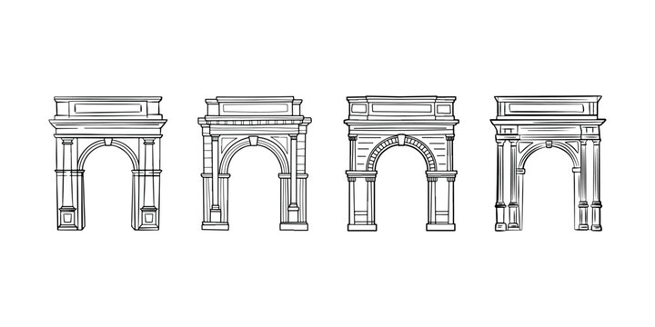 Historical monument archway collection featuring ancient roman style stone architecture with decorative columns and classical ornaments for travel designs