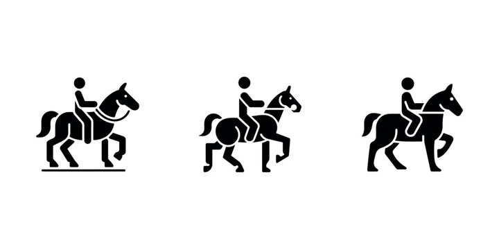 Horseback riding icon set. person on horse silhouette. equestrian sport pictogram collection. rider on stallion glyph style.