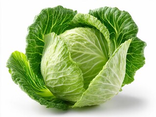 Obraz premium Cabbage sits on a plain background with green leaves surrounding the head at a simple kitchen setting