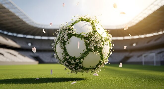 Soccer ball covered in flowers on stadium grass with falling petals spring theme