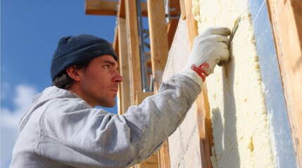 A construction worker focuses intently while applying insulation material to an exterior wall at a suburban building site on a clear, sunny day, ensuring quality workmanship.