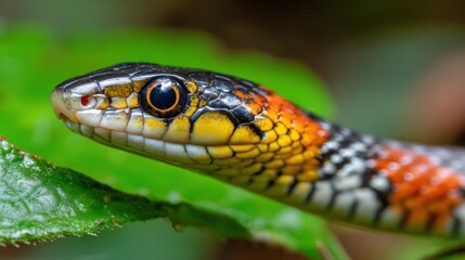 Fototapeta premium A vibrant snake with striking patterns rests on lush green leaves in a tropical forest. The sunlight illuminates its scales, highlighting the colors and textures.