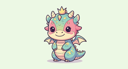 Fototapeta premium Adorable cartoon baby dragon wearing a crown.