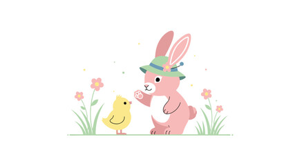 Fototapeta premium A Cheerful Encounter Of A Bunny And A Chick In A Springtime Scene