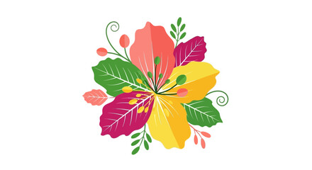 Colorful floral illustration with vibrant leaves and botanical elements on white background.