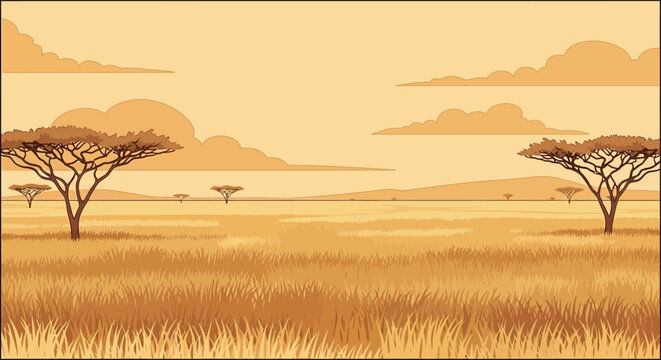 African savanna landscape at sunset with acacia trees and golden grasslands