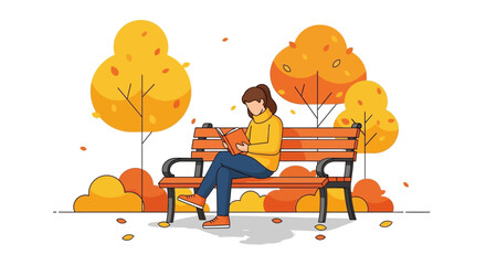 Woman reading on a park bench in autumn