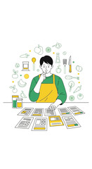 Creative Culinary Planner Contemplating Recipe Options Amidst Food Illustrations and Kitchen Tools