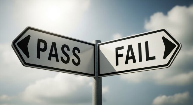 Road sign pointing left reads "PASS", right reads "FAIL" against a cloudy sky