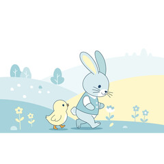 Fototapeta premium Charming Easter Illustration Depicting a Playful Bunny and a Cheerful Chick Wandering Together