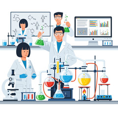 Scientists in Lab Conducting Experiments with Chemical Reactions and Data Analysis